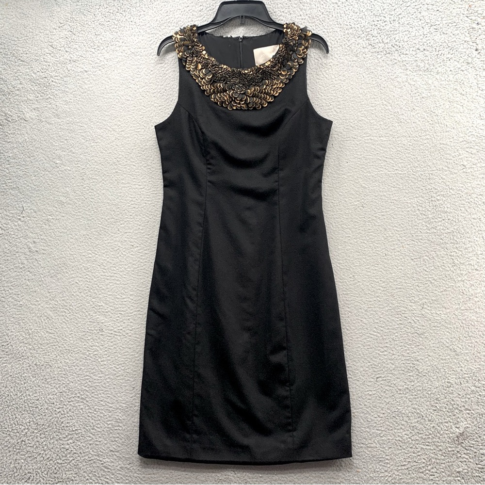 Jason Wu Black Sheath Wool Dress Gold Embroidered Neck Sequin Detail Size 8/10